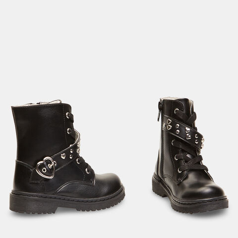 Botas militares de niña efecto piel con hebilla, Negro Botas militares de niña efecto piel con hebilla, Negro